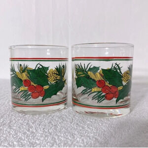 Vintage Christmas Theme Pattern Low  Ball Whiskey Rocks Glasses x2
